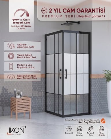 Enzo Kare | Mat Siyah Karolaj Orta Buzlu Duş Kabini H:190