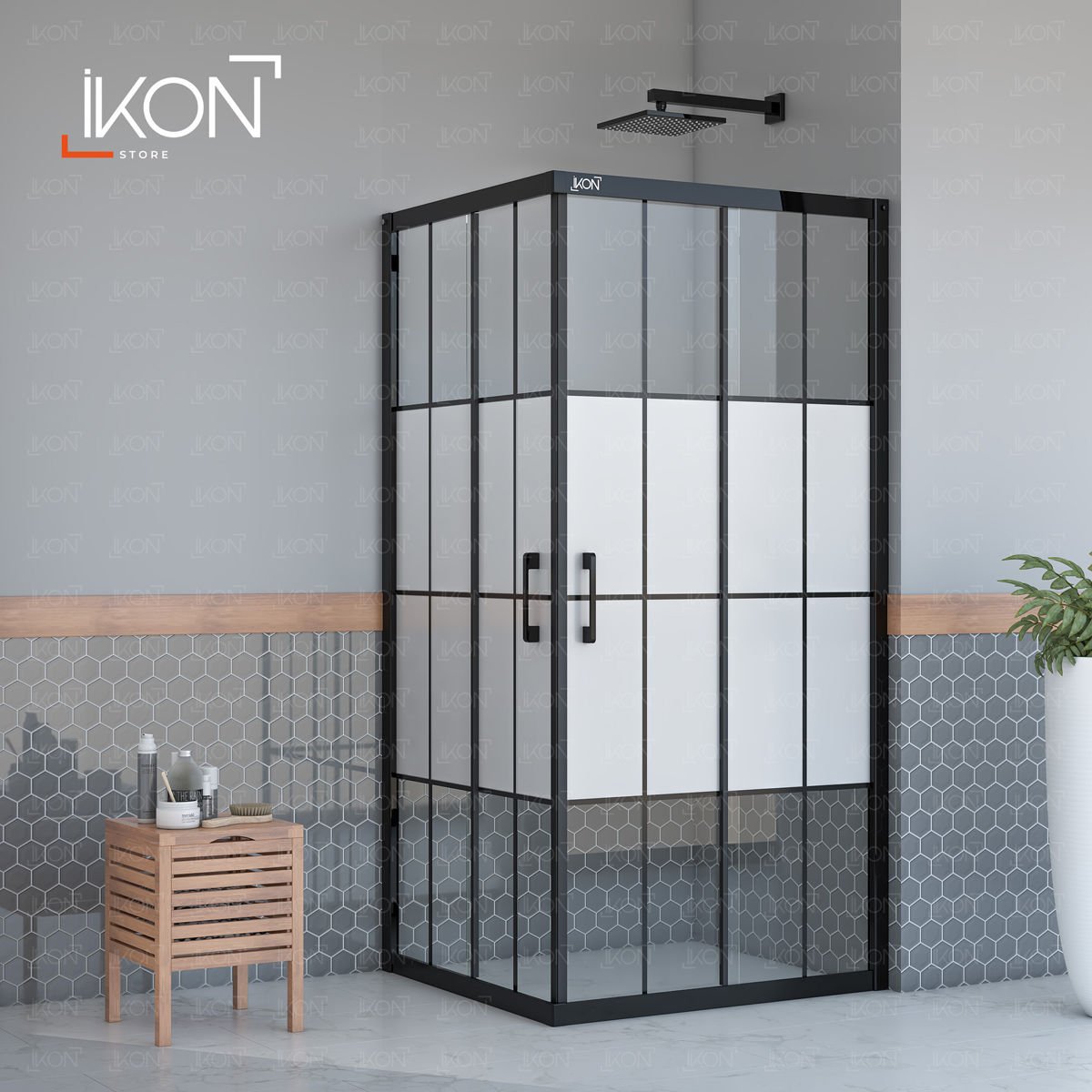 Enzo Dikdörtgen | Mat Siyah Karolaj Orta Buzlu Duş Kabini H:190